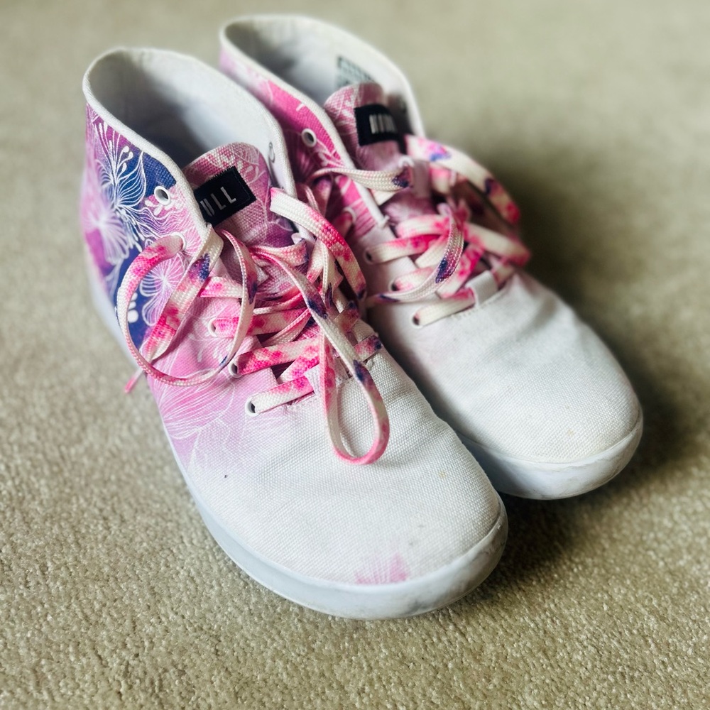 NOBULL Pink and White canvas mid trainers
